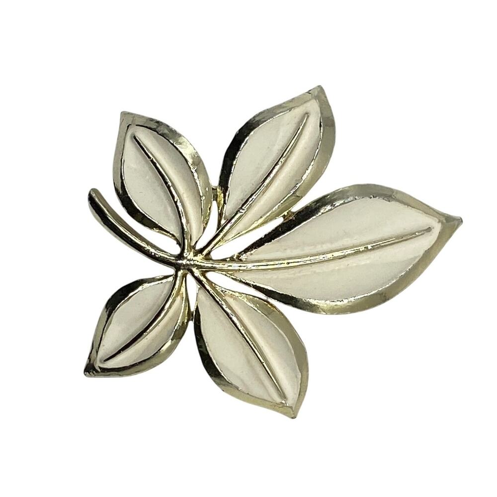 Rare Vintage CORO White Enamel Floral Brooch Pin Leaf Signed Silver Tone MCM